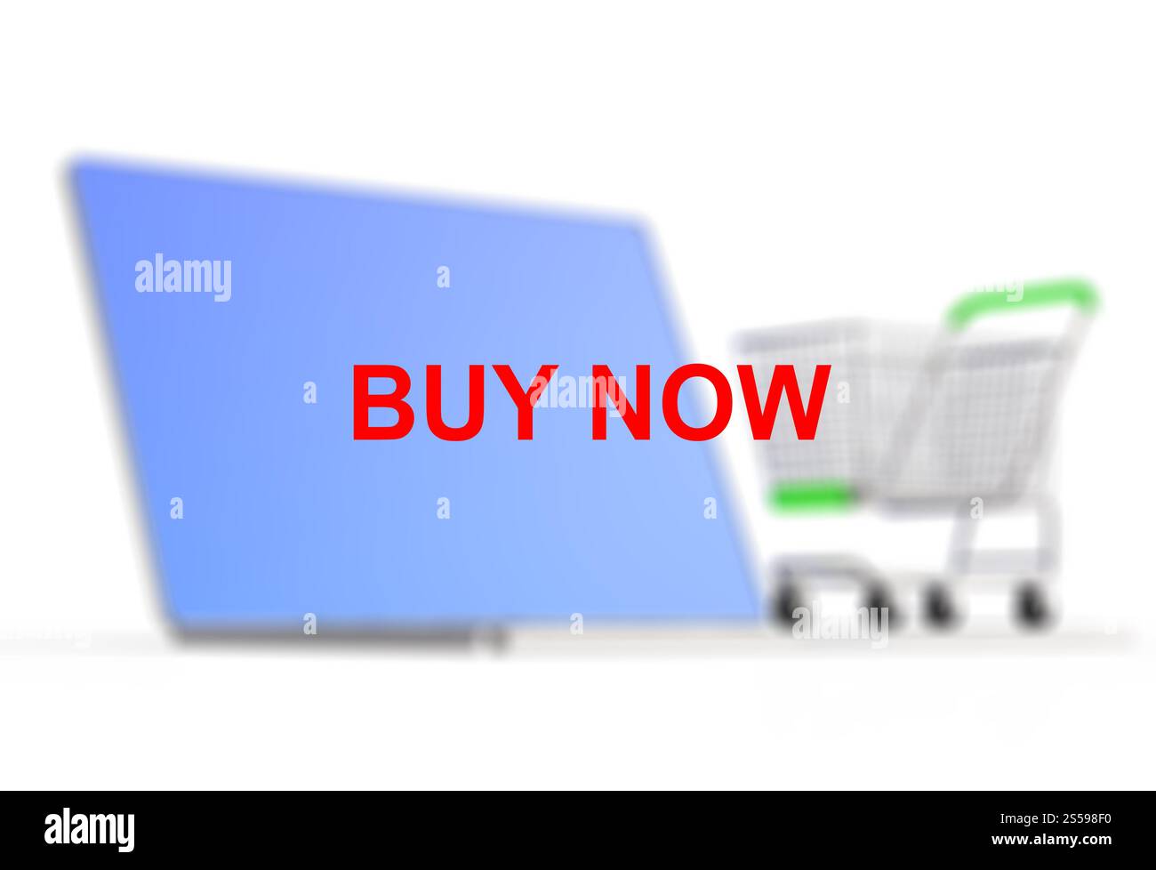 A shopping cart sits on a laptop to represent online shopping concept Stock Photo