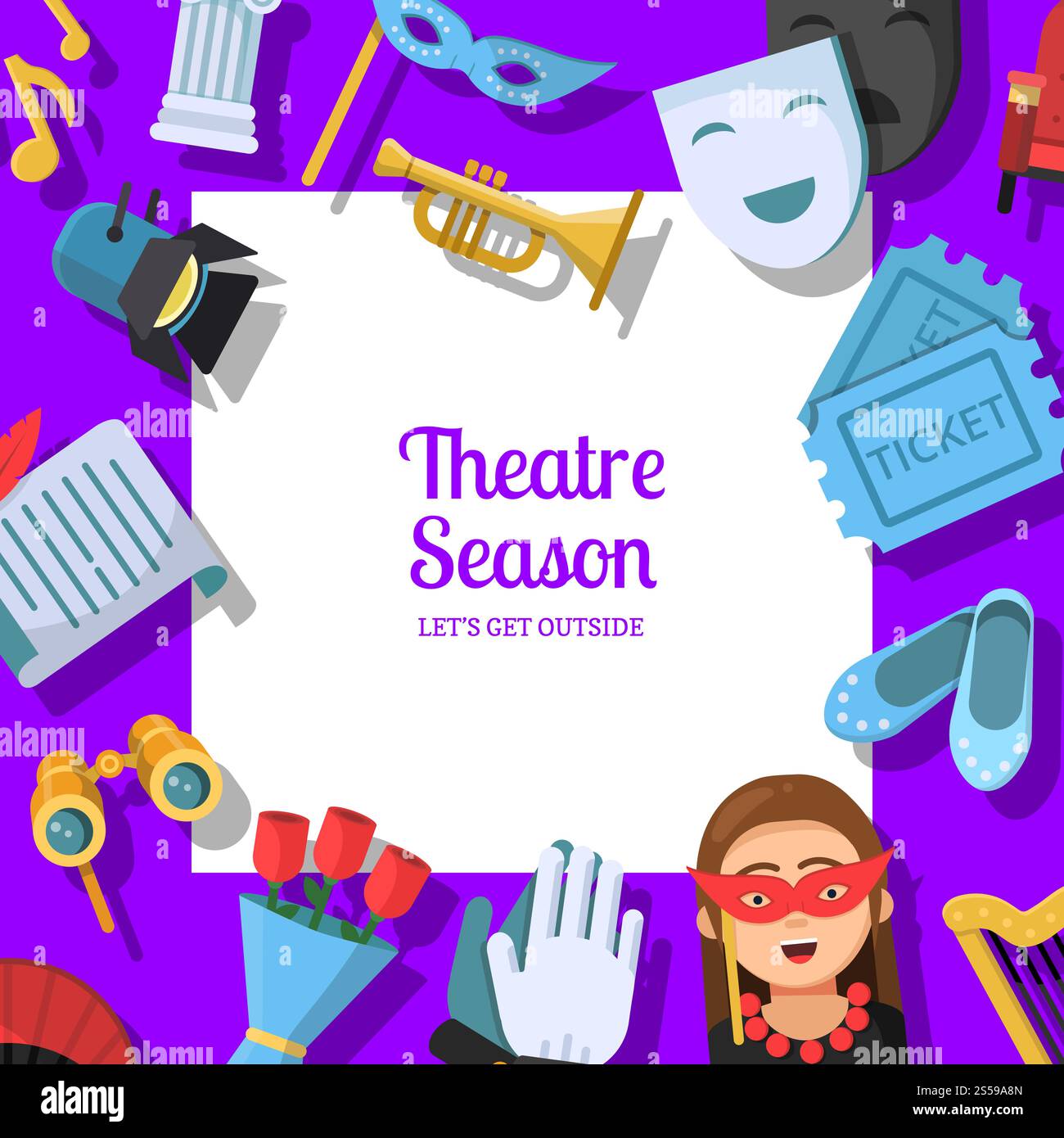 Vector flat theatre icons background with place for text illustration ...