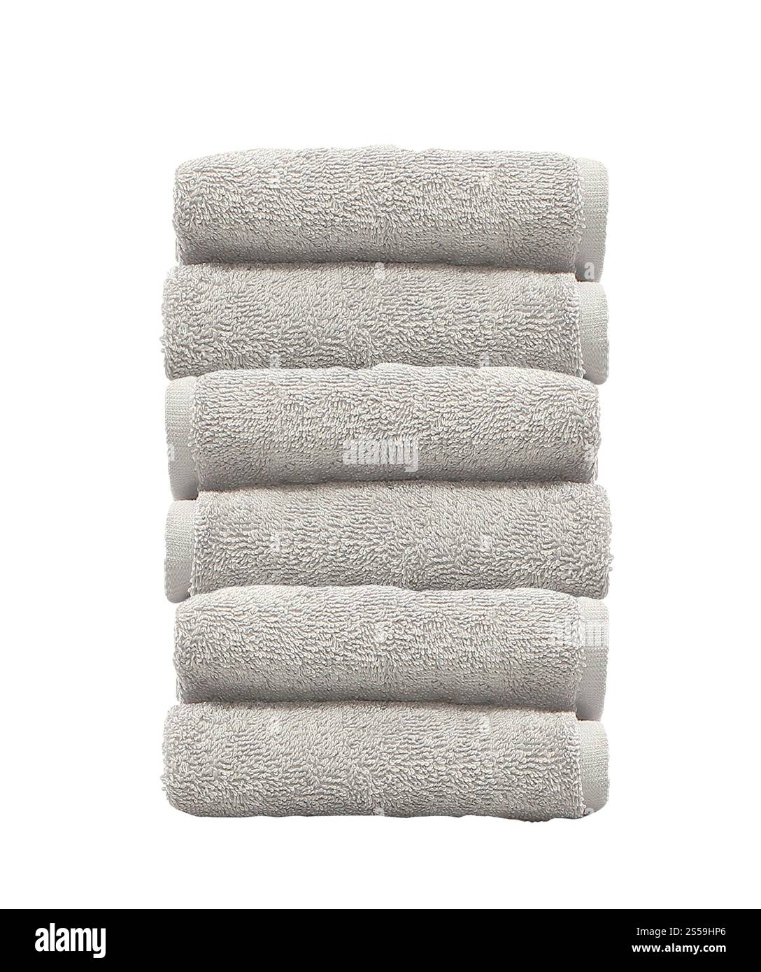 Stack of white plush hotel towels isolated on white background Stock Photo