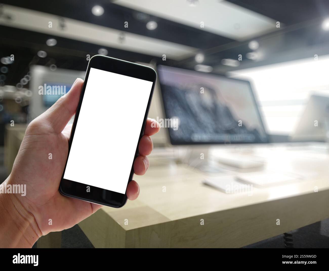 Closeup of Hand holding Blank Screen of Smart phone with blurred ...