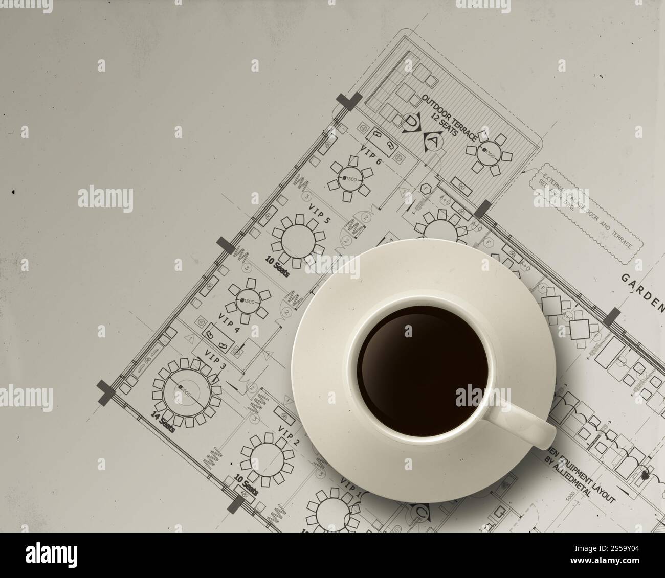 3d coffee cup on engineer architectural blue print as concept Stock ...