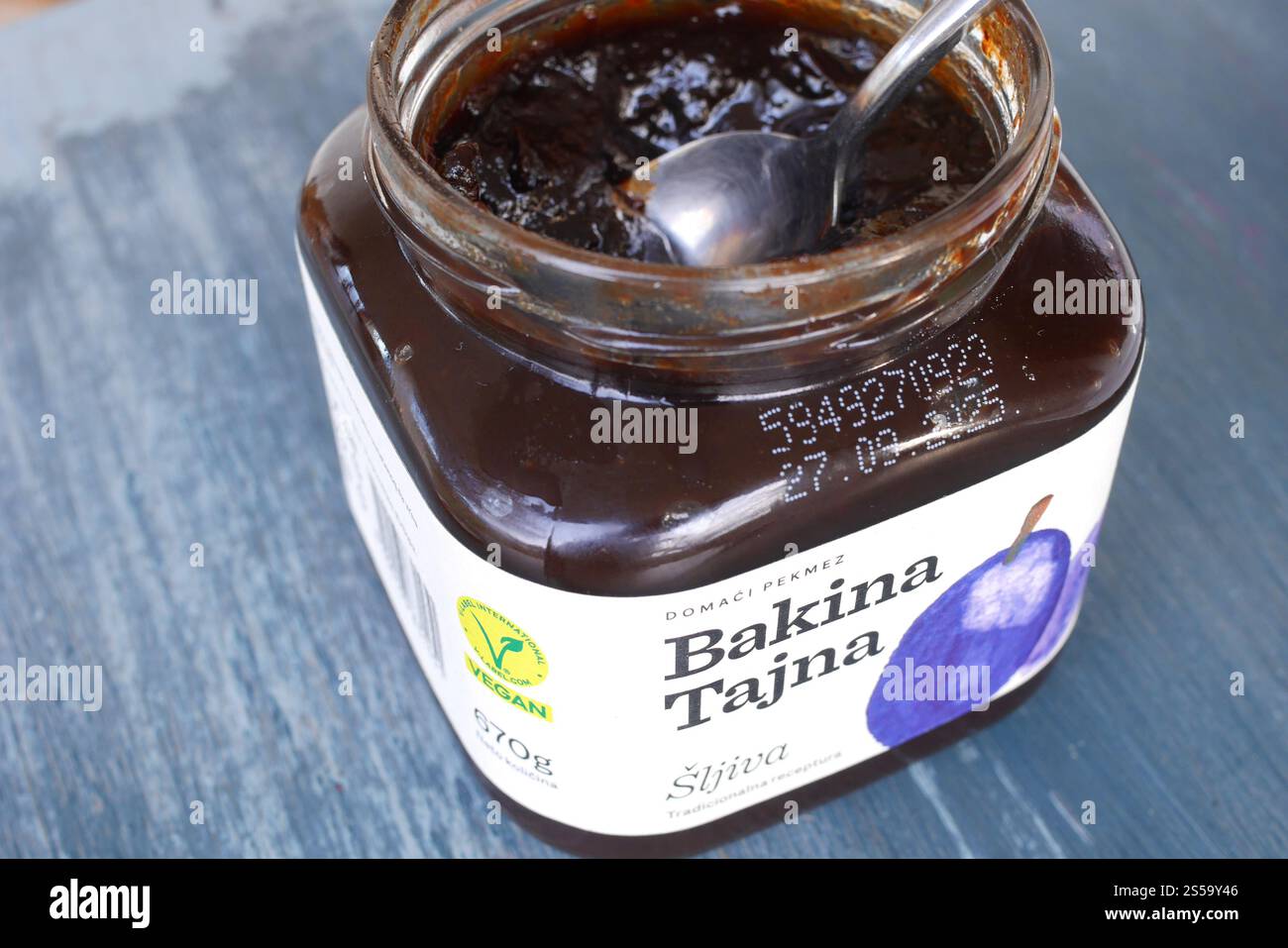 A jar of Bakina Tajna, Granny's Secret, plum jam, made by the Croatian multinational company Atlantic Grupa. The jam is a vegan product. Stock Photo