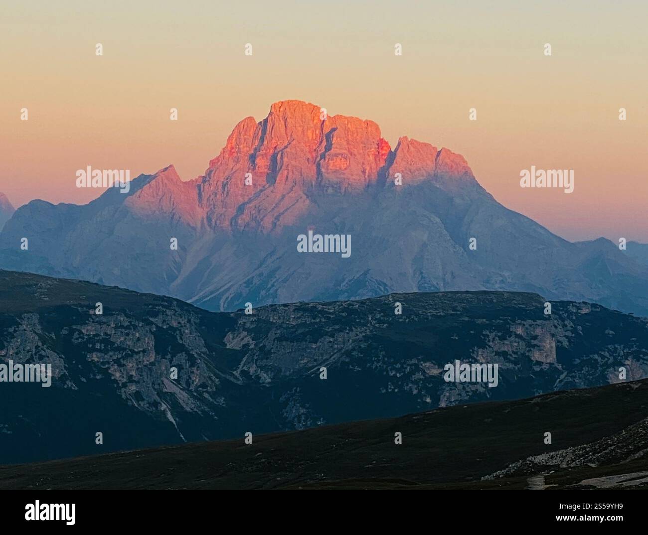 A sunrise and first light in Dolomites, Italy - Smartphone Captured Stock Image