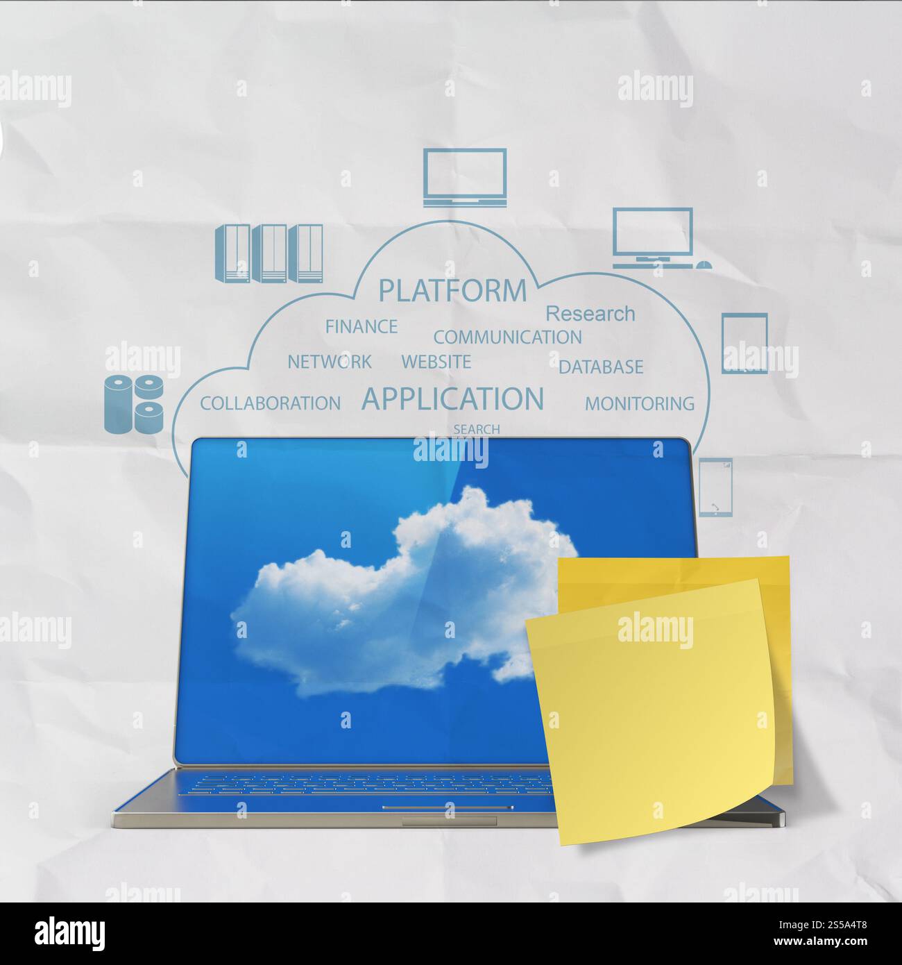 sticky note with Cloud computing word on crumpled paper background as concept Stock Photo