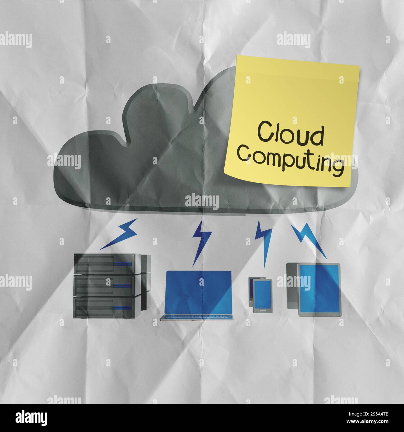 sticky note with Cloud computing word on crumpled paper background as concept Stock Photo