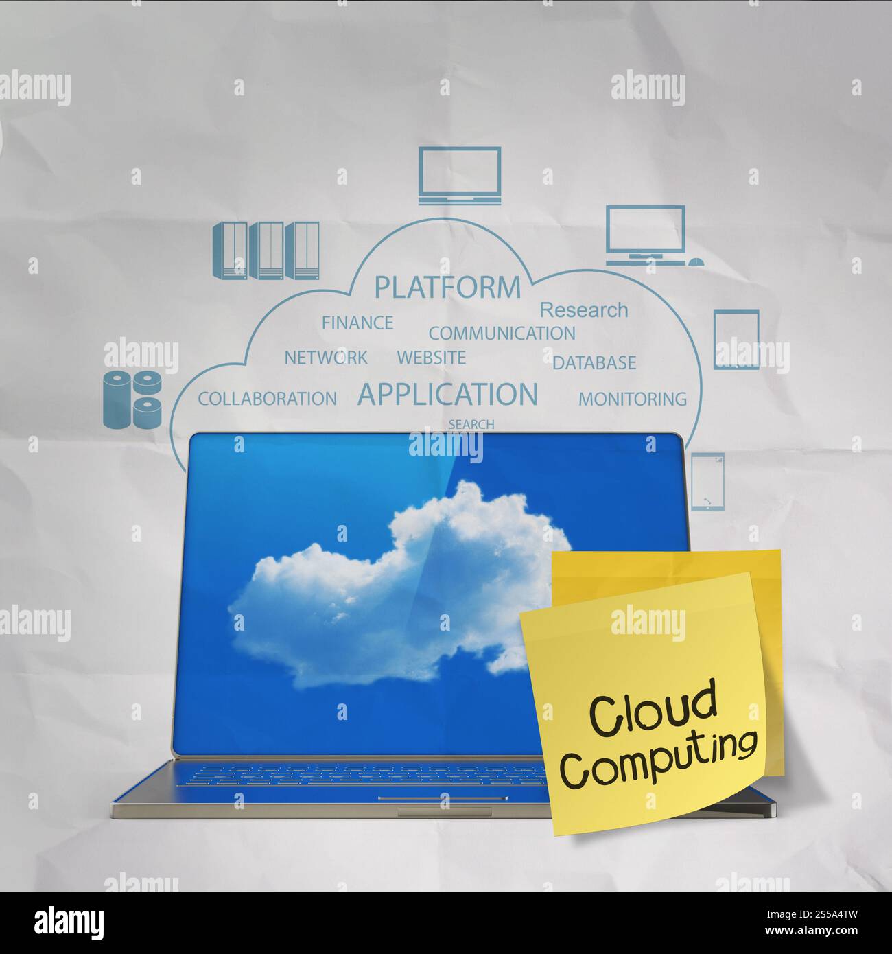 sticky note with Cloud computing word on crumpled paper background as concept Stock Photo