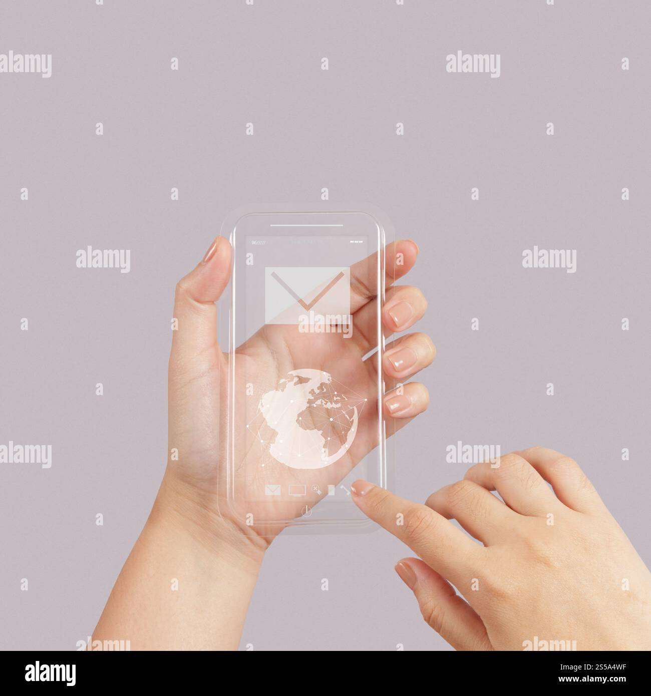 hand use Touch screen mobile phone with social network icon as concept ...