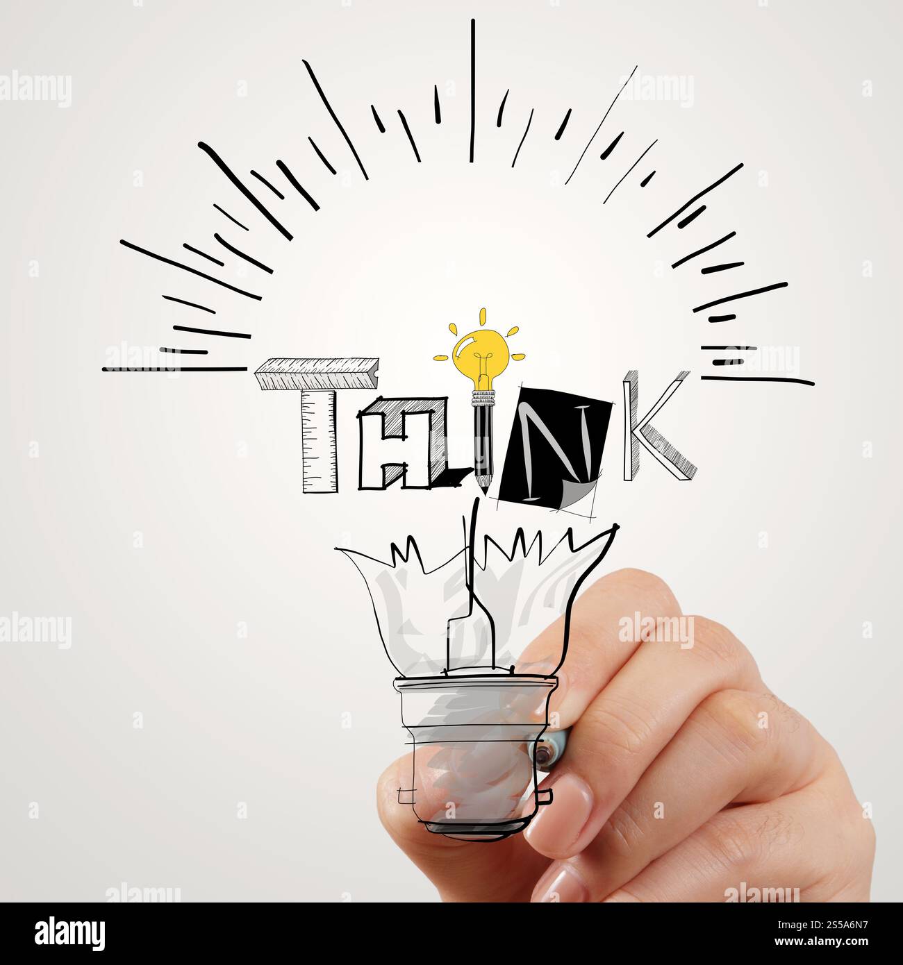 hand drawing light bulb and THINK word design as concept Stock Photo ...