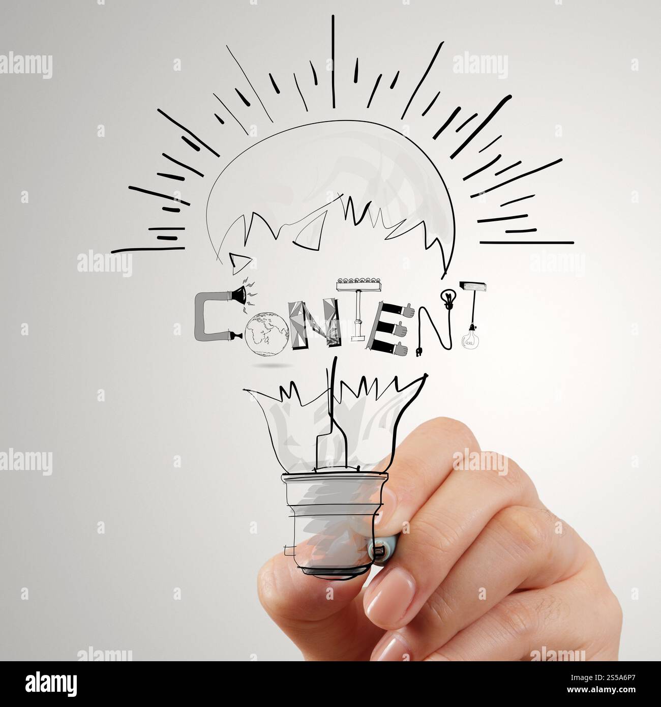 hand drawing light bulb and CONTENT word design as concept Stock Photo