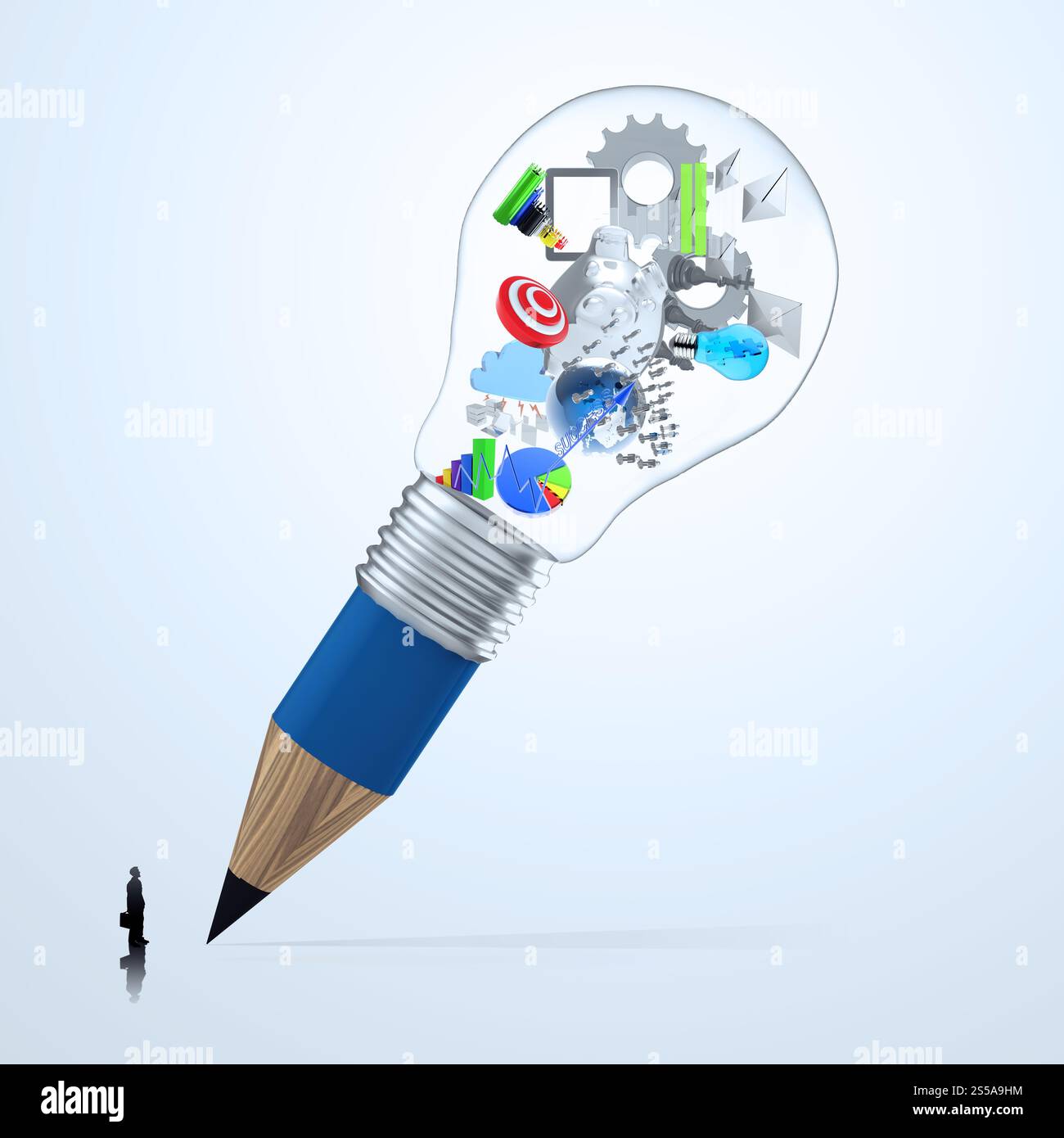 businessman looking at the earth inside 3d pencil lightbulb as creative concept Stock Photo