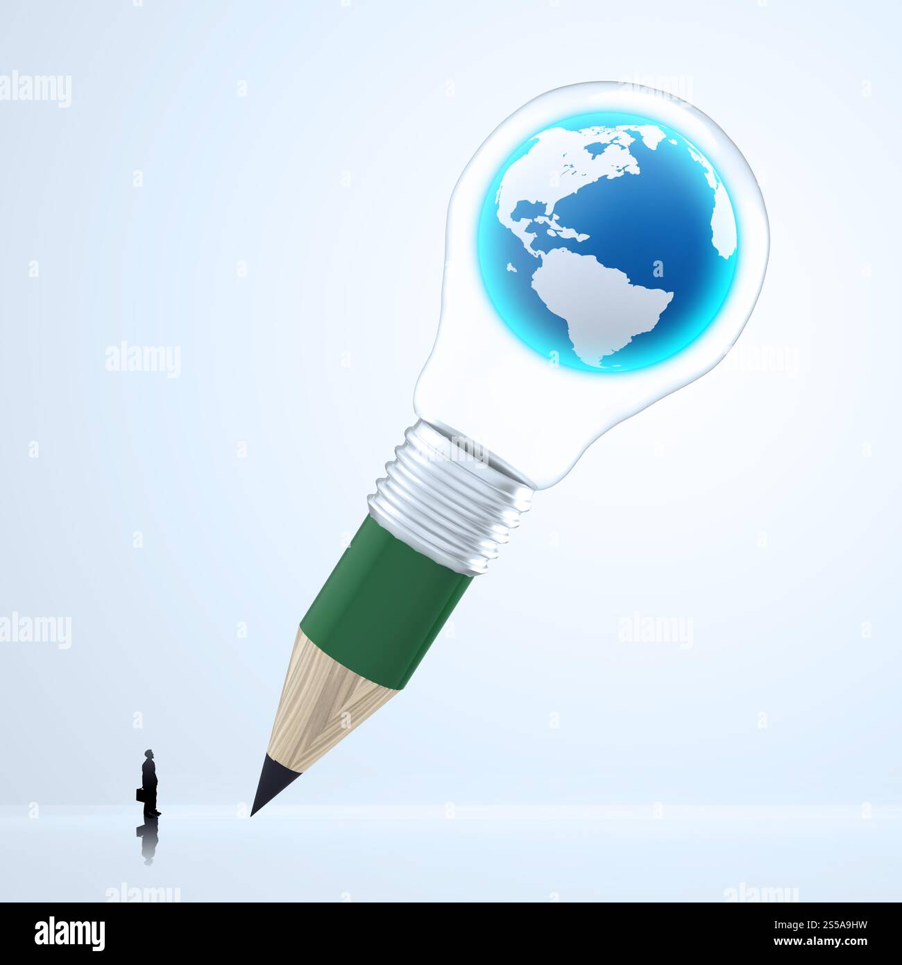 businessman looking at the earth inside 3d pencil lightbulb as creative concept Stock Photo