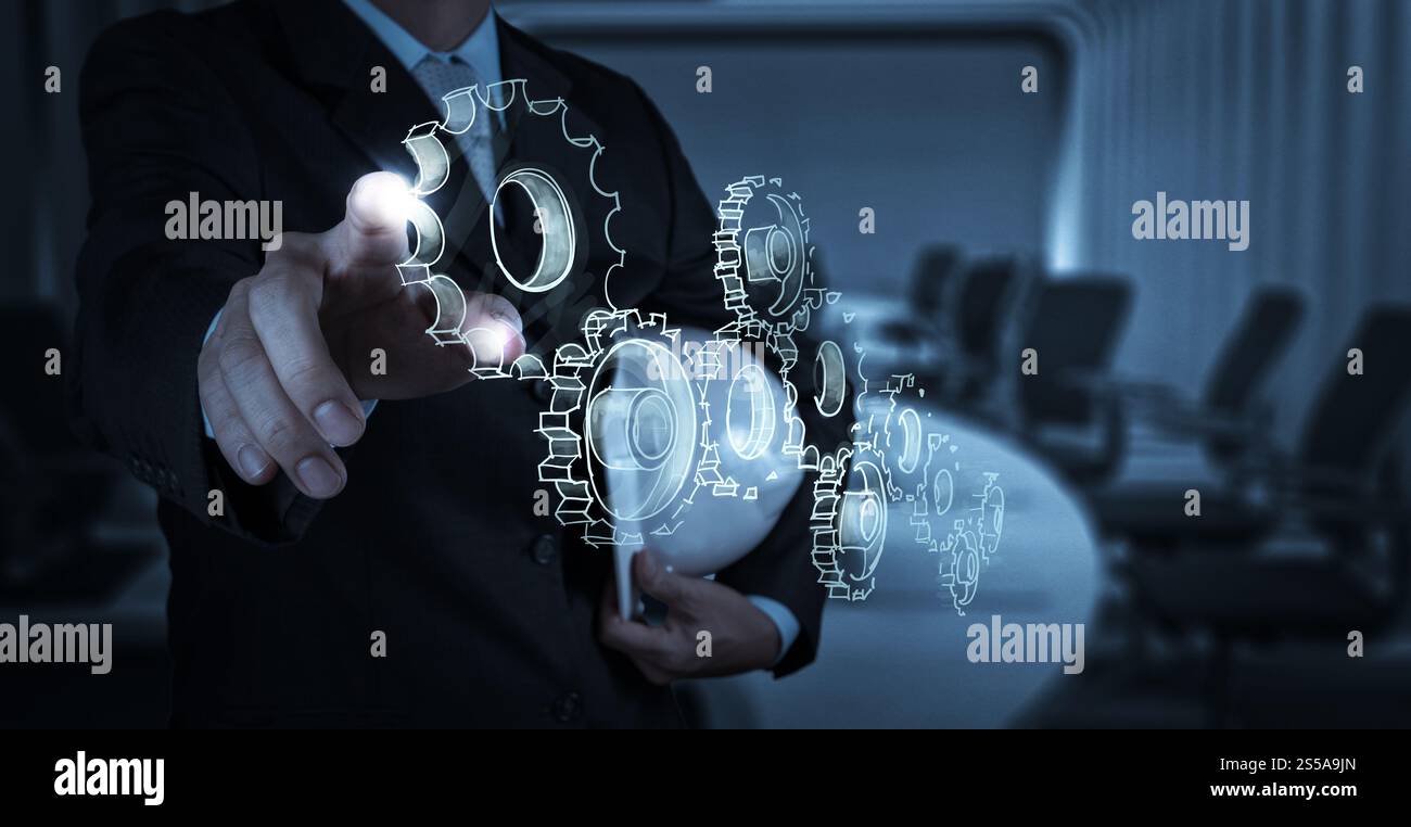 engineer hand draws gear to success concept Stock Photo - Alamy