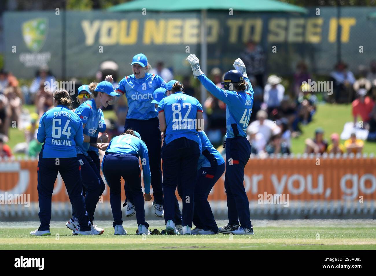 MELBOURNE AUSTRALIA. 14th Jan 2025. The England Women’s Ashes Cricket Team celebrate the dismissal of Ellyse Perry on a through ball during the Women's Ashes, Australia vs England, One Day International at CitiPower Centre, Junction Oval, Australia on 14th January 2025 Credit: Karl Phillipson/Alamy Live News Stock Photo