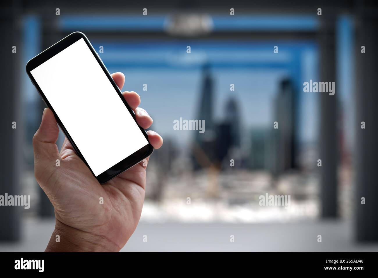 Closeup of Hand holding Blank Screen of Smart phone with blurred ...