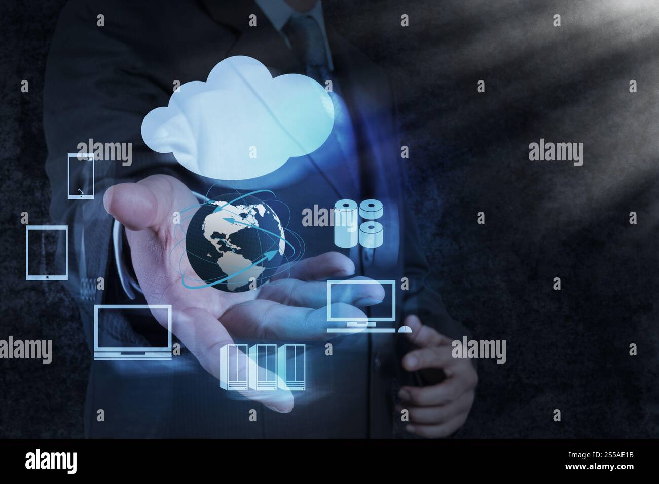 Businessman hand shows a Cloud Computing diagram on the new computer interface Stock Photo