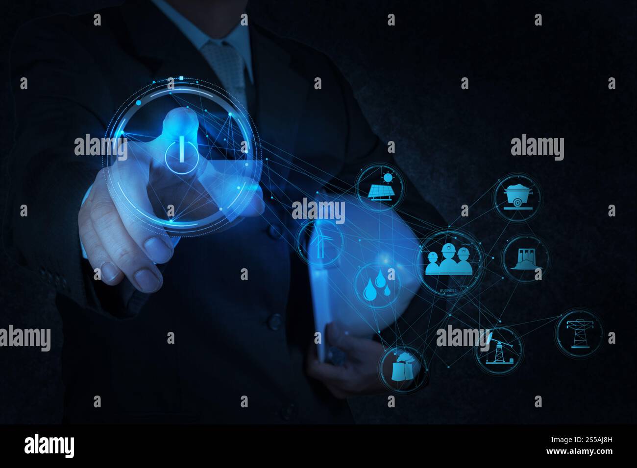 engineer pushing start button on touch screen computer interface Stock ...