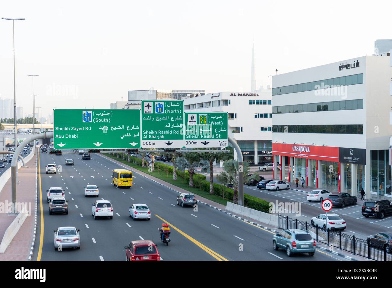 A busy Za'abeel street with multiple cars in Dubai City, United Arab Emirates. Stock Photo