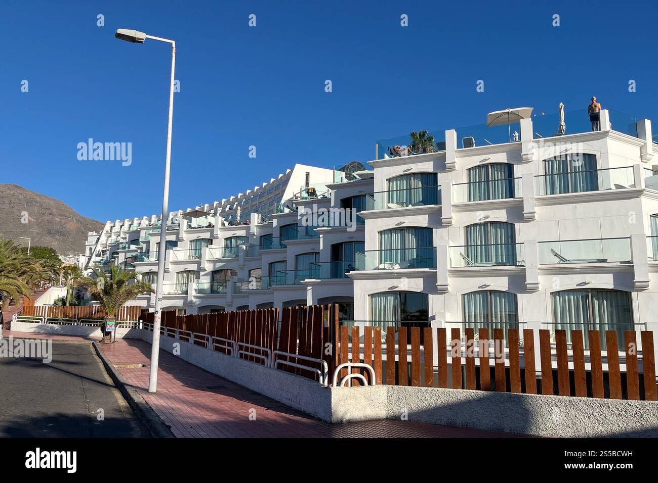 Street facing balconies of the Guayarmina Princess Hotel in Costa Adeje. Tenerife, Canary Islands, Spain. 11th January 2025. - Smartphone Captured Stock Image