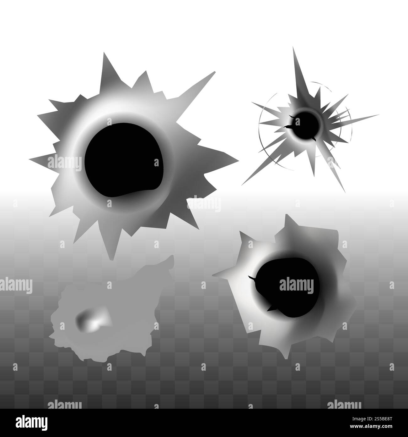 Deep round holes from bullets monochrome templates set. Ripped surface ...