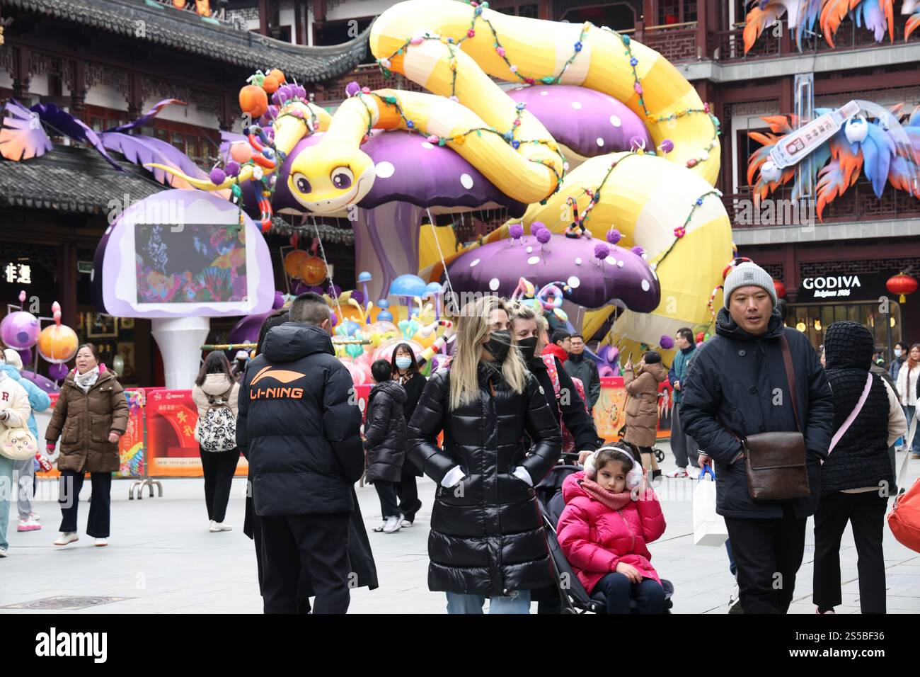 A lantern representing the snake attracts tourists at Yuyuan Garden in ...