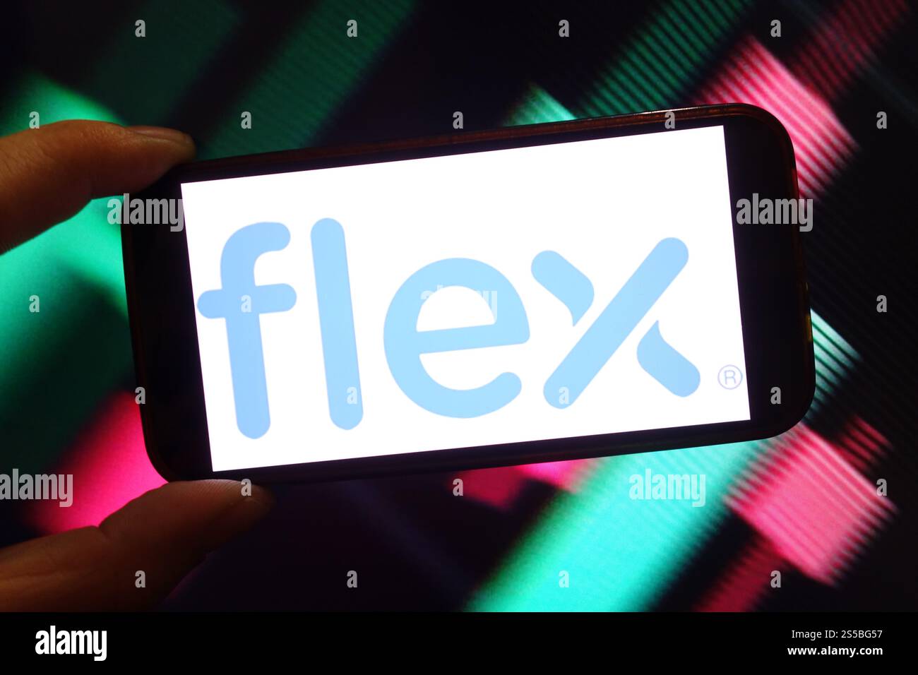 In this photo illustration, the Flex Ltd company logo is seen displayed on a smartphone screen. (Photo by Piotr Swat / SOPA Images/Sipa USA) *** Strictly for editorial news purposes only *** Stock Photo