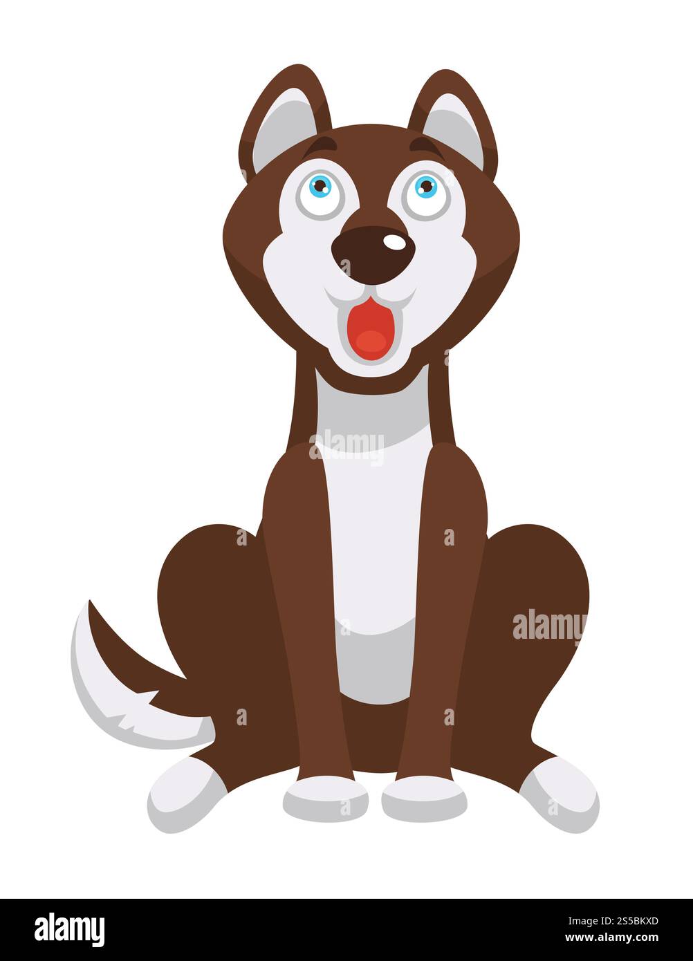 Husky dog sits and looks up with open mouth. Patient domestic animal with excited muzzle waits for owner orders. Adorable mammal isolated cartoon flat vector illustration on white background.. Husky dog sits and looks up with open mouth Stock Vector