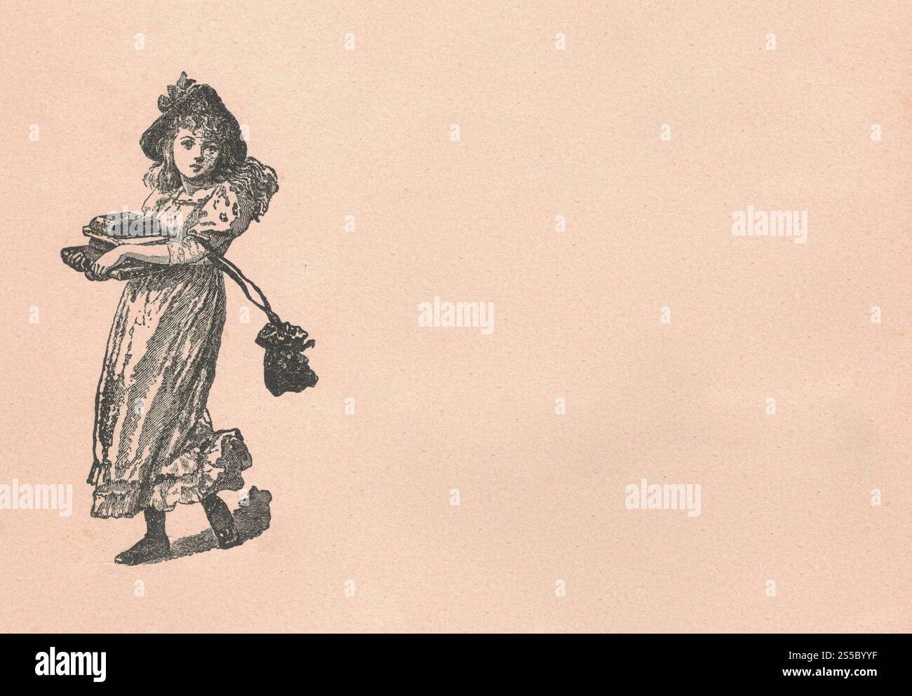 Black and white antique illustration shows a girl holds a pile of books ...