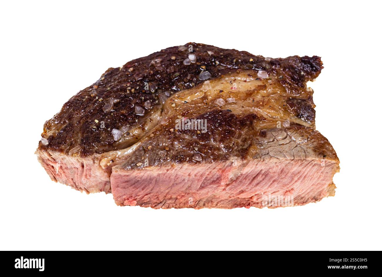cut medium well fried rib eye beef steak isolated on white background ...
