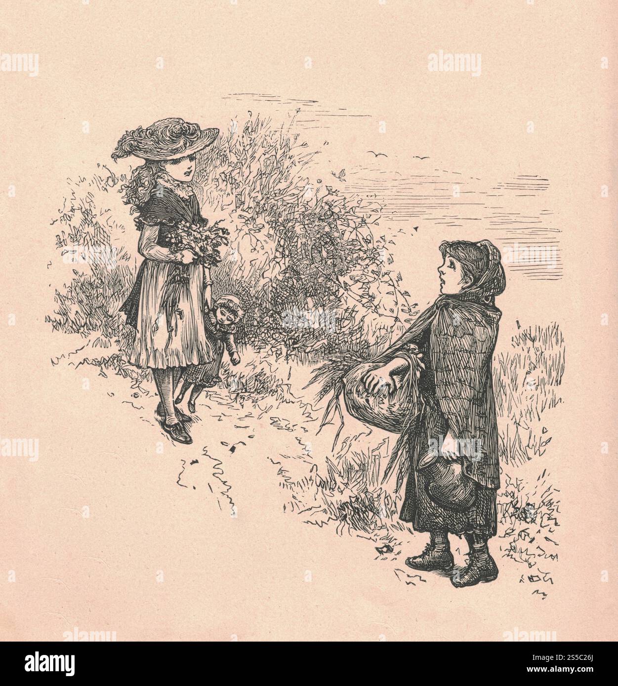 Black And White Antique Illustration Shows Two Little Girls In Nature black-and-white-antique-illustration-shows-two-little-girls-in-nature