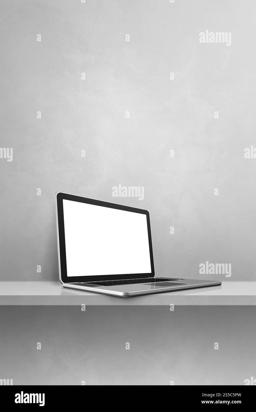 Computer Vertical Images Laptop computer on grey shelf. Vertical background. 3D Illustration ...