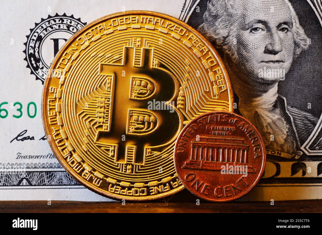Bitcoin coin against the background of us dollars. A lot of American money  dollars and gold bitcoin. Background of money and cryptocurrency.Money back  Stock Photo - Alamy