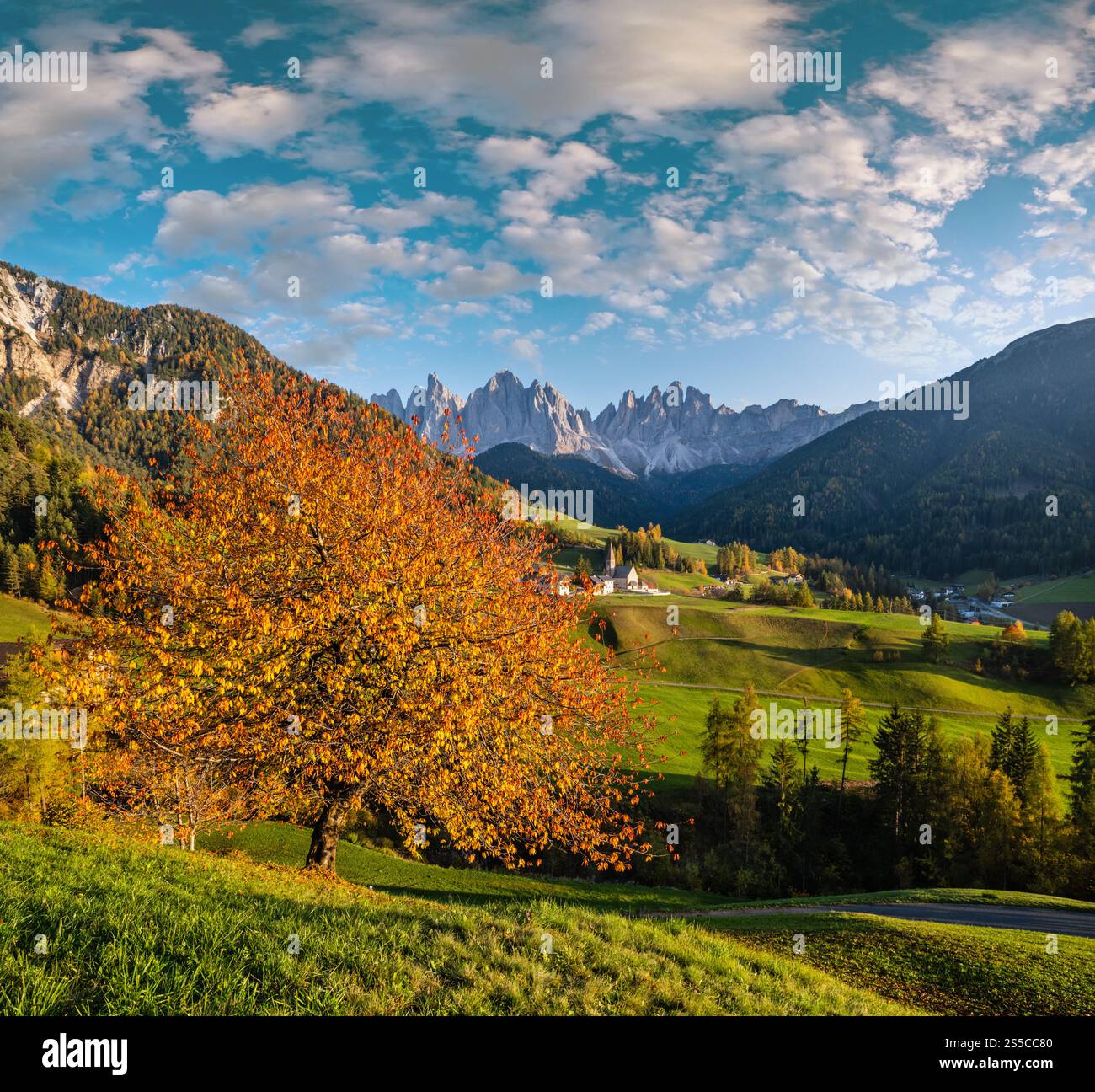 Autumn evening Santa Magdalena famous Italy Dolomites village view in ...