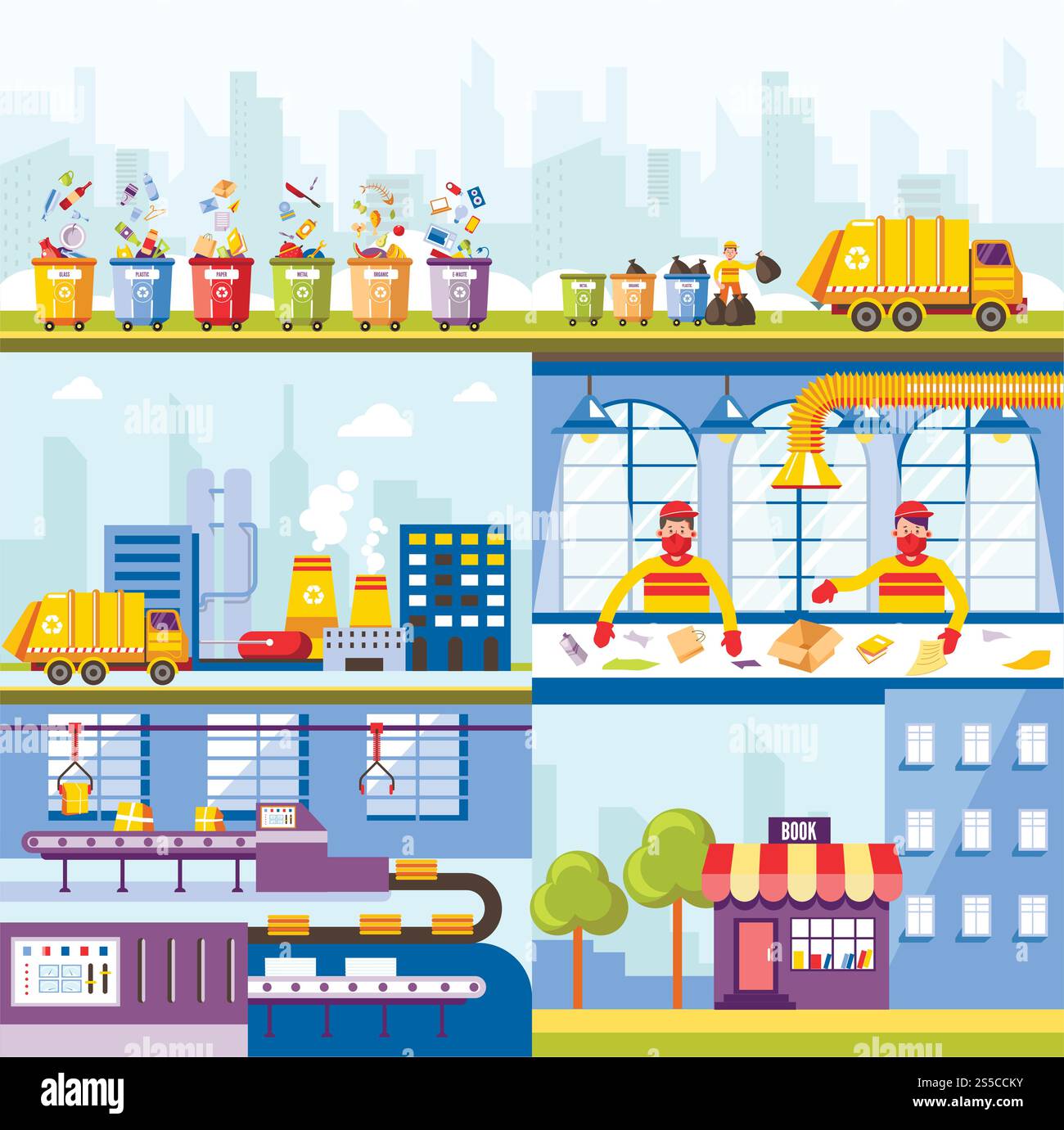 Garbage recycling plant and waste utilization process. Vector garbage ...