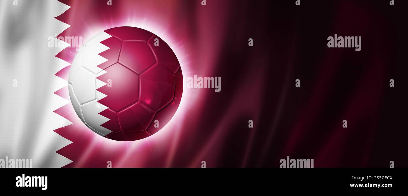 3D soccer ball with Qatar team flag, world football competition 2022. Illustration, banner Stock Photo