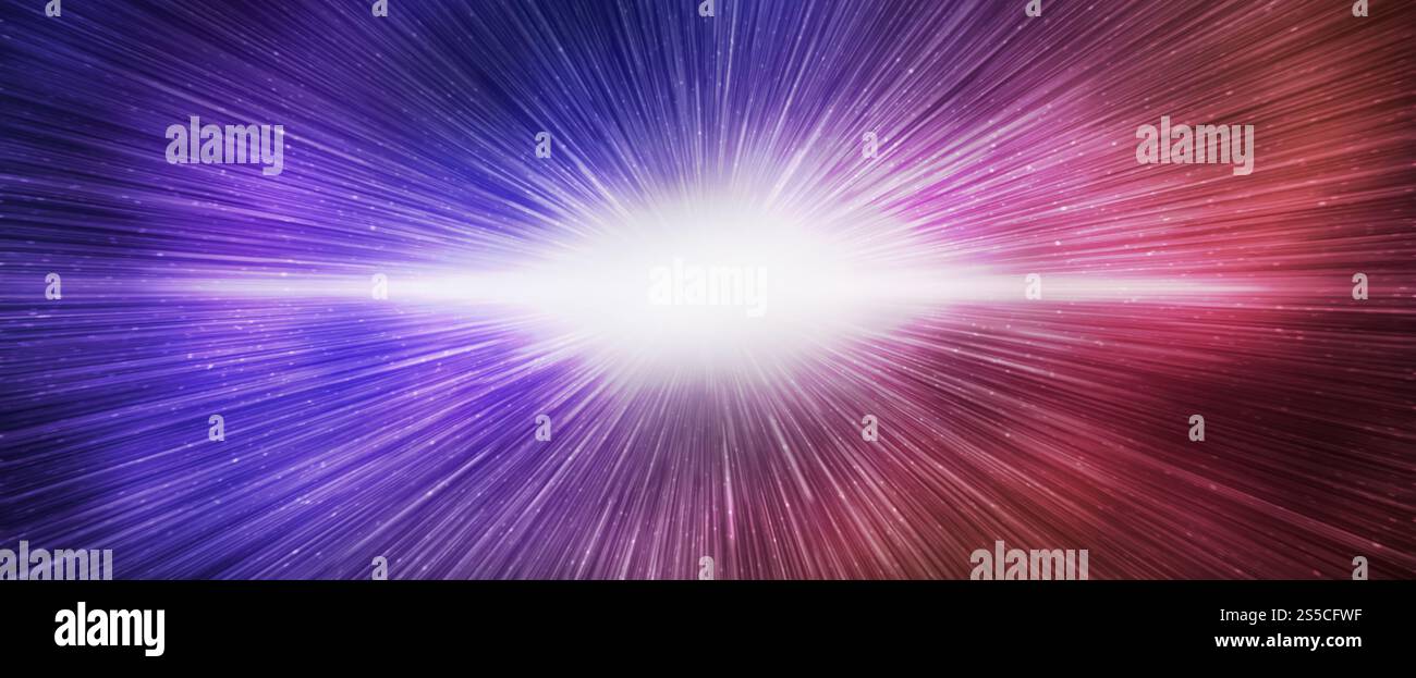 Big bang effect on bright red and blue galaxy sky, horizontal banner ...