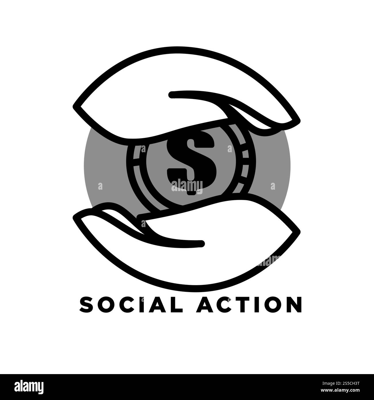 Make donations agitative poster with hands that hold big gold coin isolated cartoon flat vector illustration . Charity and financial aid for people in need advertisement banner.. Make donations agitative poster with hands that hold big gold coin isolated cartoon flat vector illustration Stock Vector
