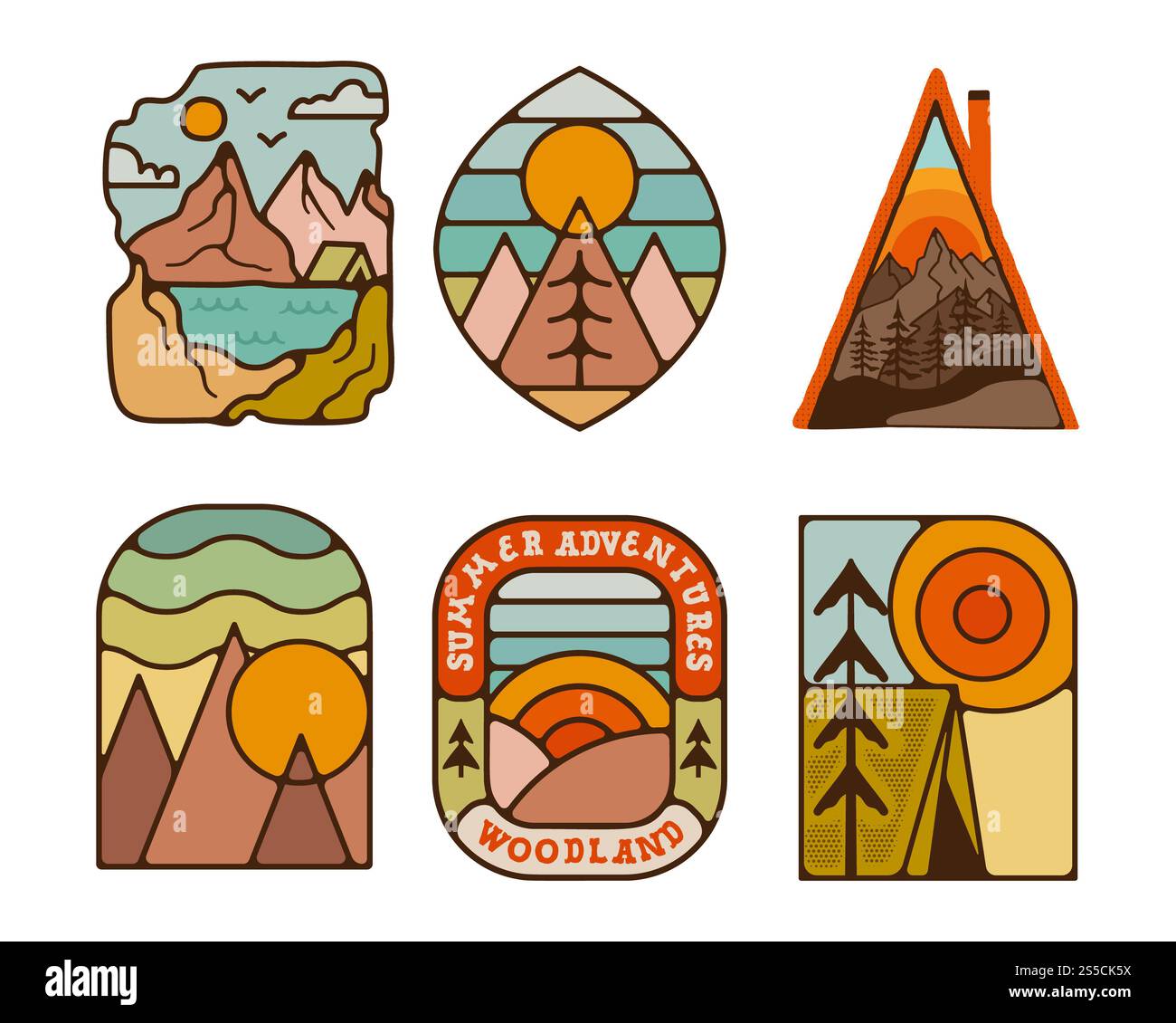 Outdoor adventure badges set. Camping adventure labels in retro style ...