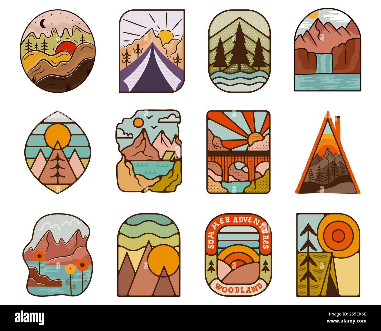 Outdoor adventure badges set. Camping adventure labels in retro style ...