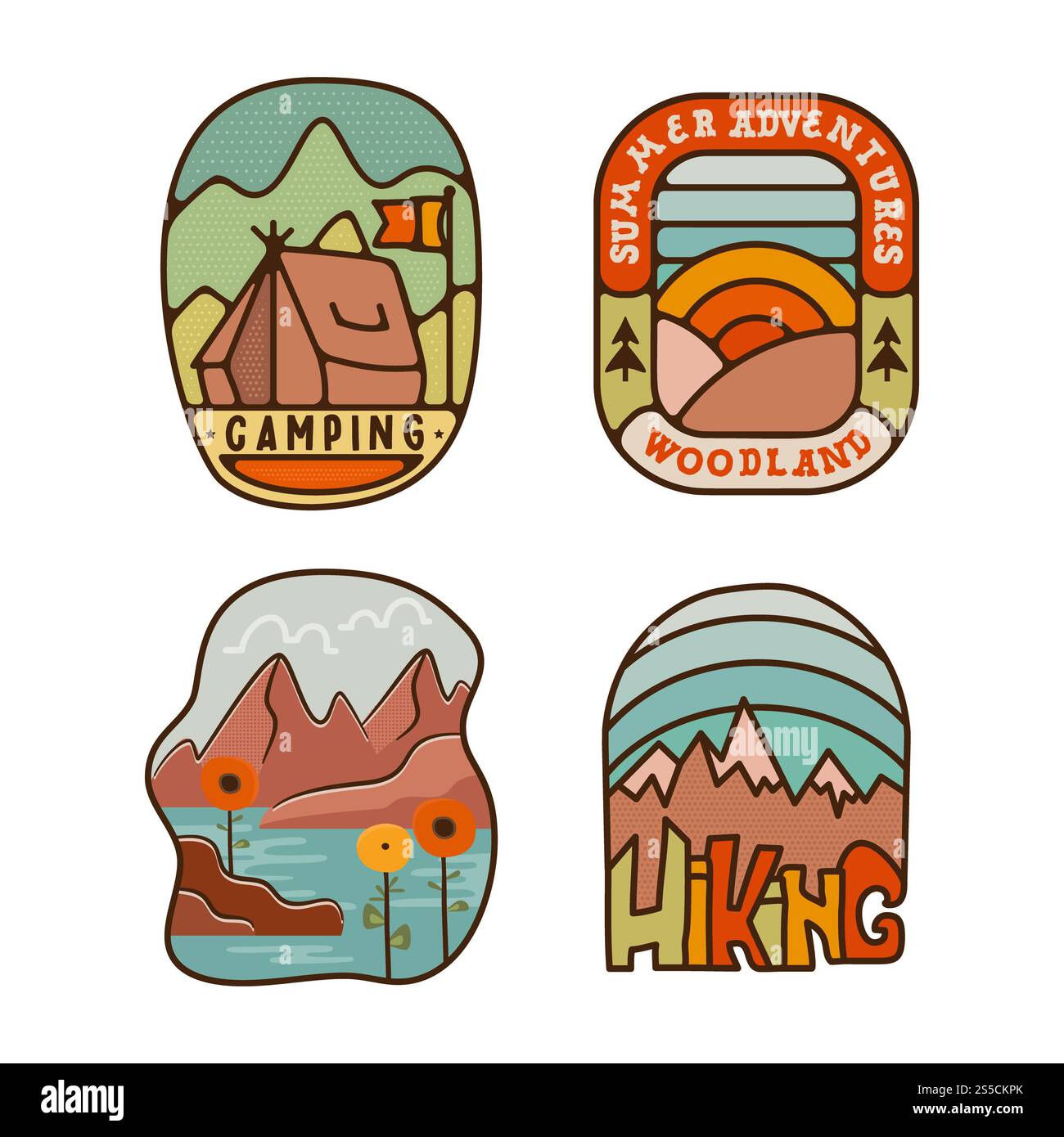 Outdoor adventure badges set. Camping adventure labels in retro flat ...