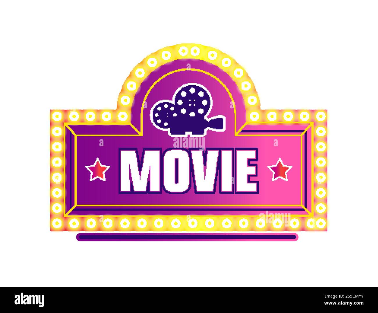 Movie camera and stars logo, filmmaking industry isolated icon vector. Cinematography entertainment industry, retro vintage footage with neon lights. Shooting and recording videography studio. Movie camera and stars logo, filmmaking industry isolated icon Stock Vector