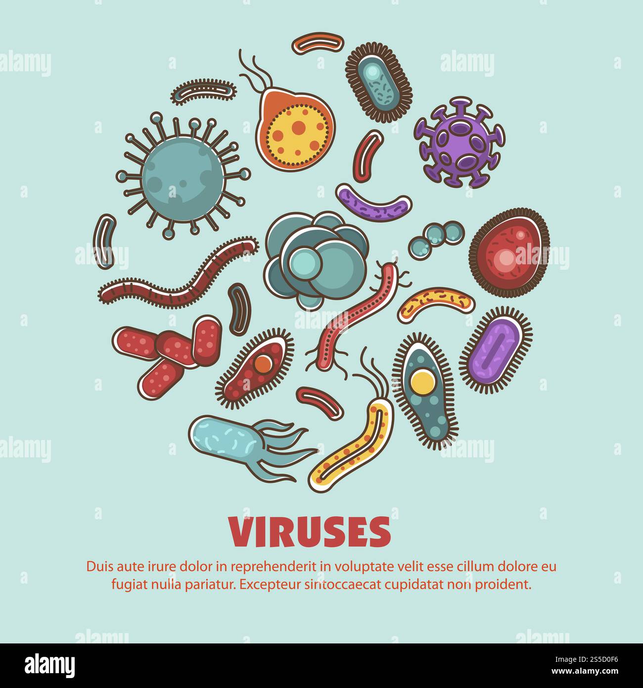 Viruses bacteria small healthy and harmful organism vector. Microscopic creatures of different shapes and form, molecular cells and micro bacillus germs. Biological study and research of probiotics. Viruses bacteria harmful and healthy harmful organism vector Stock Vector