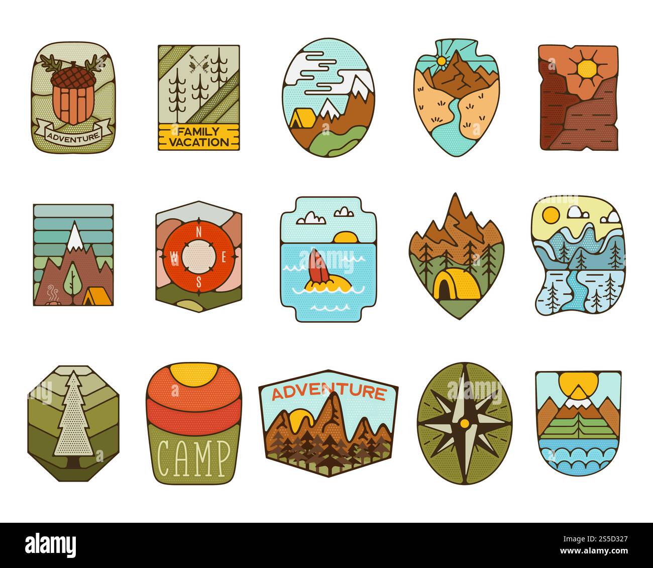 Outdoor adventure badges collection. Camping adventure labels in retro ...