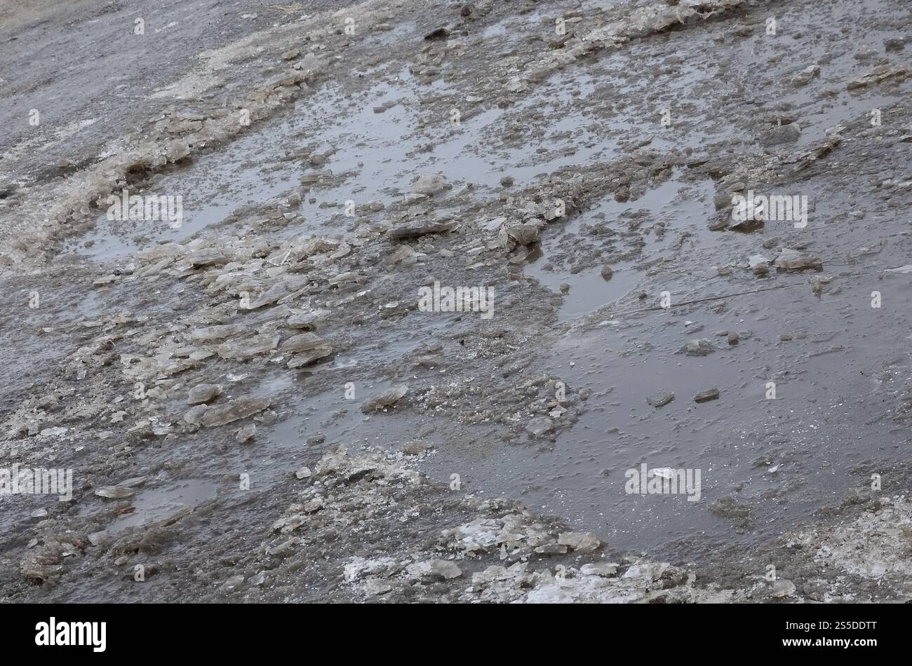 Freezing Roard Condition Damaged asphalt road with potholes caused by freezing and thawing ...