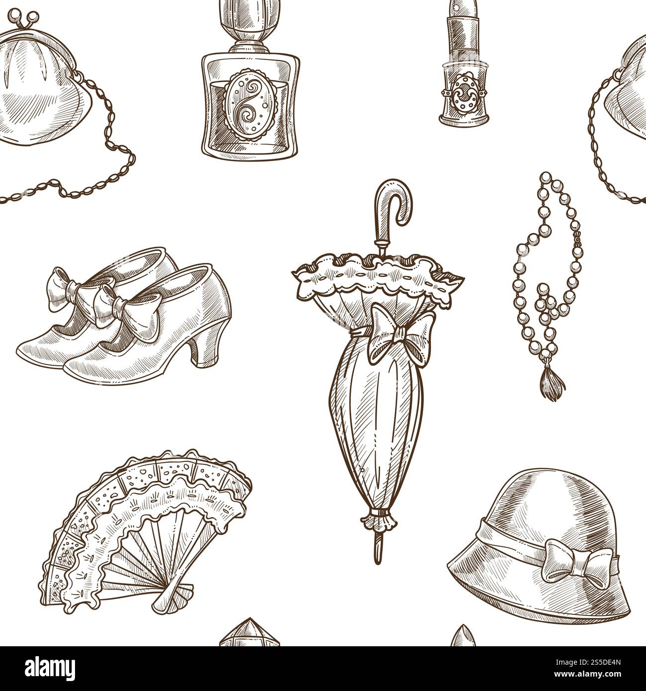 Lady retro clothes and vintage fashion accessories pattern background. Vector seamless sketch of woman bonnet hat, umbrella and gloves or shoes, lipstick and perfume or fan and necklace jewelry. Lady retro clothes vector sketch pattern background Stock Vector