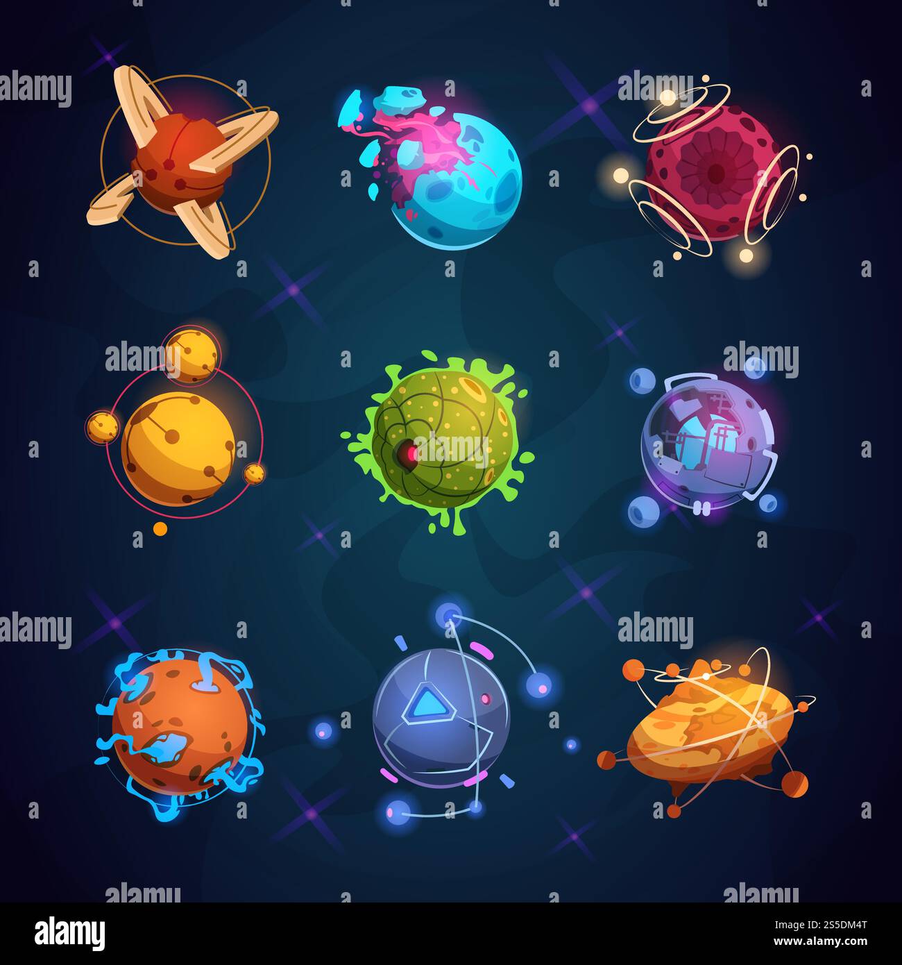 Cartoon fantastic planets. Fantasy alien planet objects for space game ...