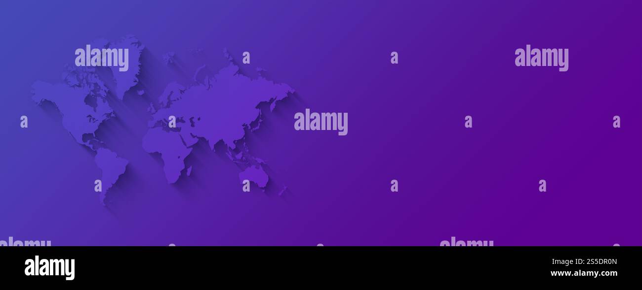 World map illustration isolated on a purple background. Horizontal ...