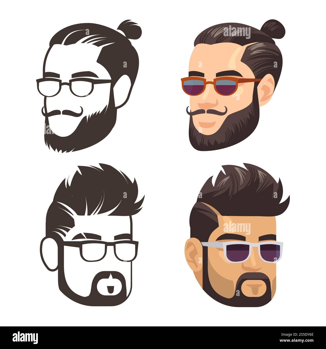 Fashion male haircute and shaven beard. Hipster barber shop logo vector design illustration isolated on white. Fashion male haircute and shaven beard set Stock Vector