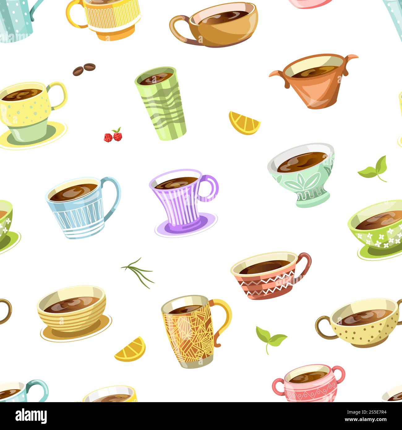Coffee or tea poured in cup seamless pattern vector. Hot beverage, mint and candies, cocoa beans and orange slice. Mug with drink, cherry berry with leaves. Cafeteria with americano and latte. Coffee or tea poured in cup seamless pattern vector. Stock Vector
