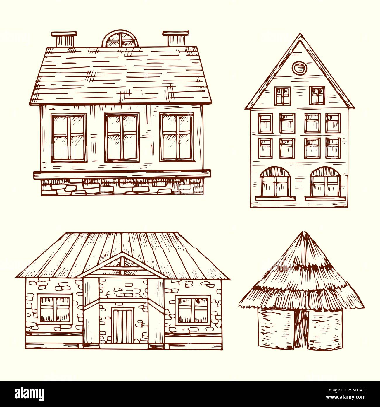 Different style hand drawn houses vector set. House with roof and ...
