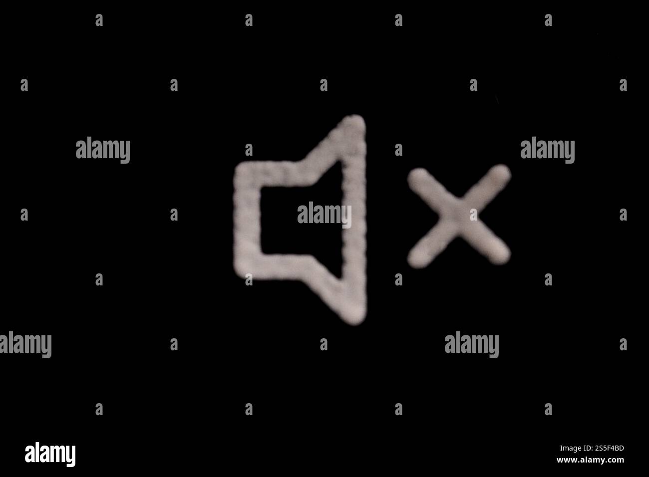 Sound out mute symbol track song episode in white with black background Stock Photo